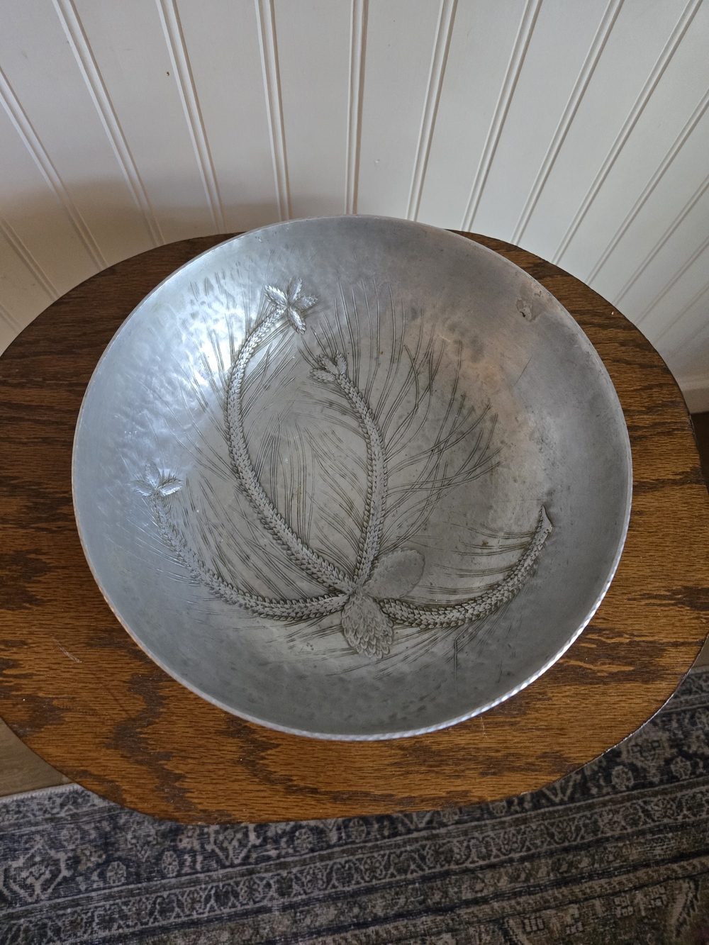 Hand-Hammered Silver Tone Decorative Bowl with Pine Motif